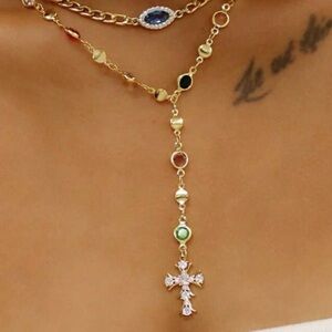 Colorful Glass Imitation Gemstone Chain Cubic Zirconia Cross Y Shape Necklace